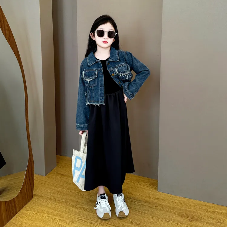 女童2025新款中大童韩版洋气春秋季个性连衣裙毛边牛仔外套两件套