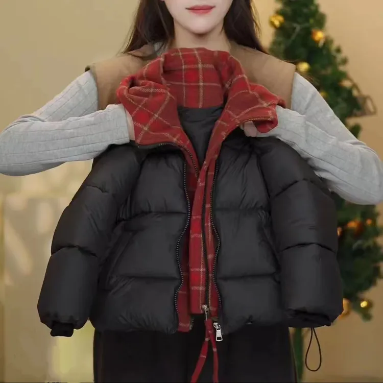 【加厚假两件】2025冬季新款男童棉衣外套夹棉棉服时尚女童格子棉服