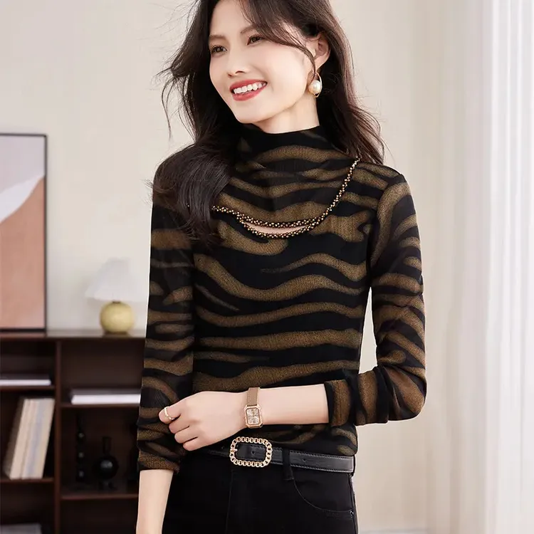 【半高领豹纹加绒打底衫3】2025新款春款显瘦斑纹上衣秋冬百搭