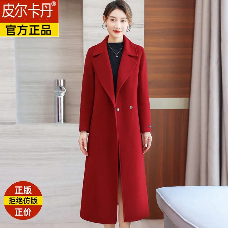 双面羊绒大衣女长款2025年新款高端酒红色纯羊毛赫本风毛呢大衣