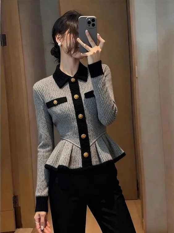 灰色拼接毛衣女秋冬季巨好看轻熟气质小众不撞款掐腰撞色针织外套