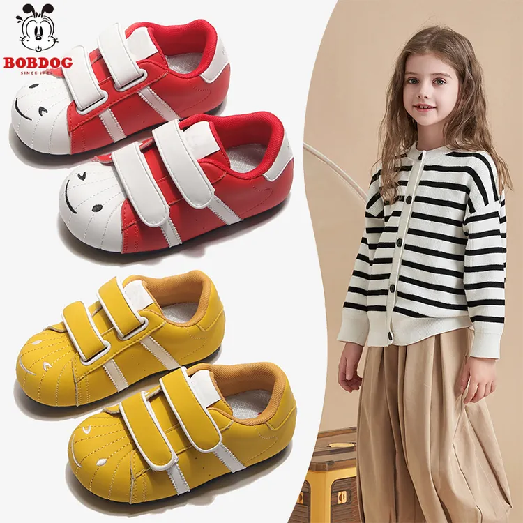 巴布豆春秋透气皮革拼接拼色防滑卡通笑脸鞋休闲鞋女童袋鼠鞋
