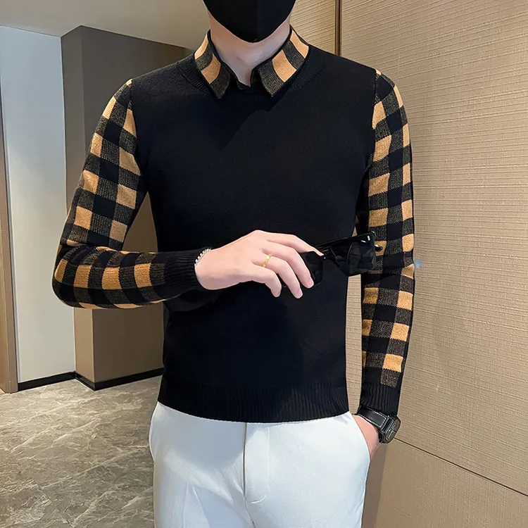 新款男士假两件套头针织衫高级感潮流百搭修身毛衣时尚休闲打底衫