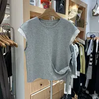 休闲纯欲风圆领蕾丝花边袖T恤女2025夏小个子下摆绑带设计感短袖