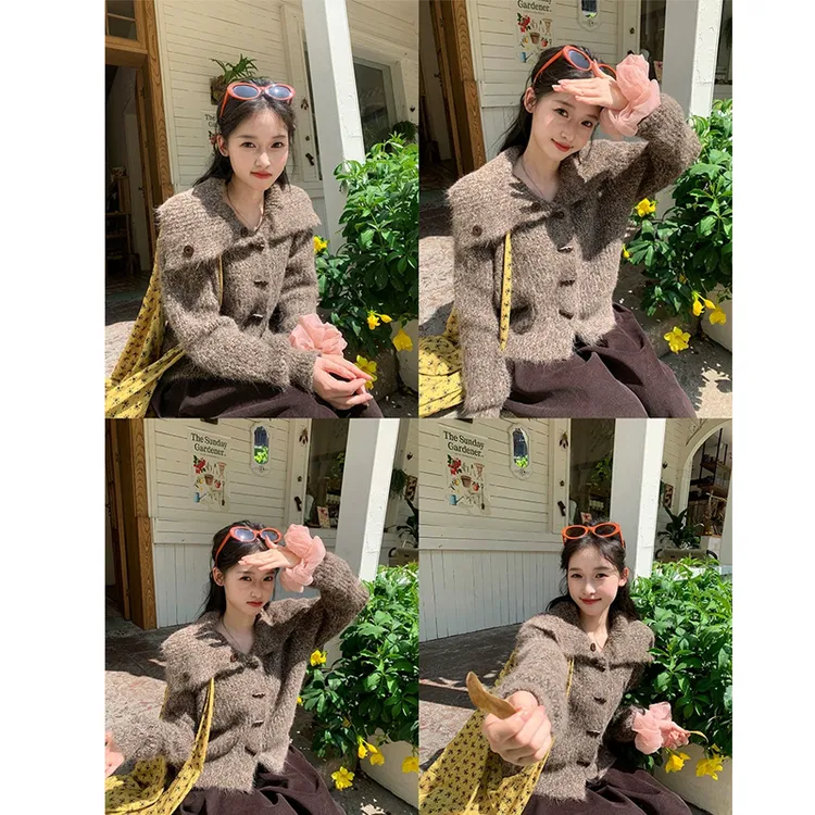 牛角扣海军领毛衣女2025韩系氛围感翻领短款针织开衫外套