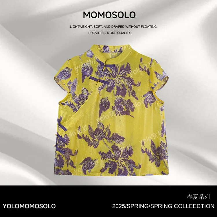 •玉楼•2025夏 紫罗金殿人丝丝绒烧花改良中式气质短袖上衣 YM2082