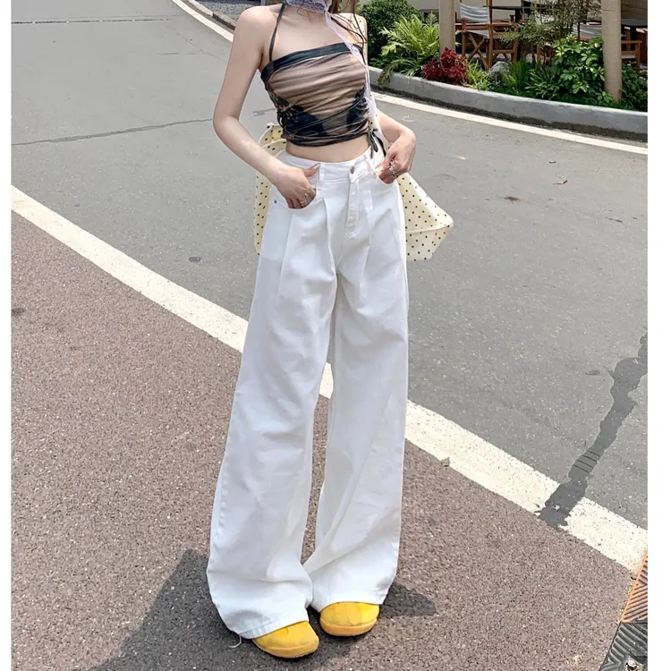 白色褶皱高腰直筒牛仔裤2025女秋季宽松ins拖地阔腿裤TZQ2581123