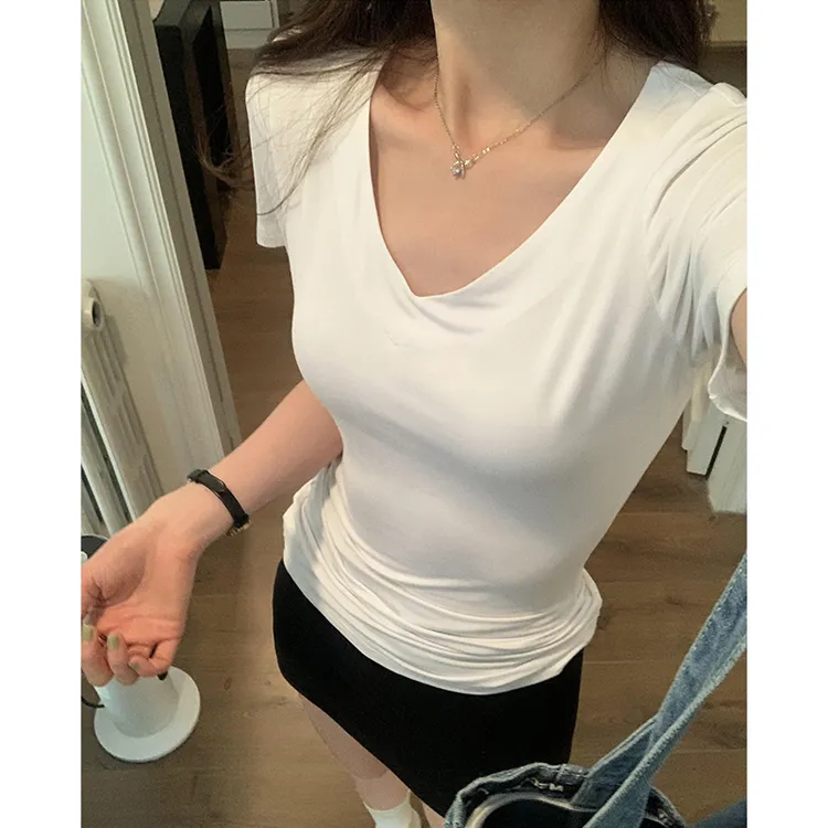 辣妹V领性感修身收腰短袖T恤女2025春夏新款ins正肩休闲显瘦上衣