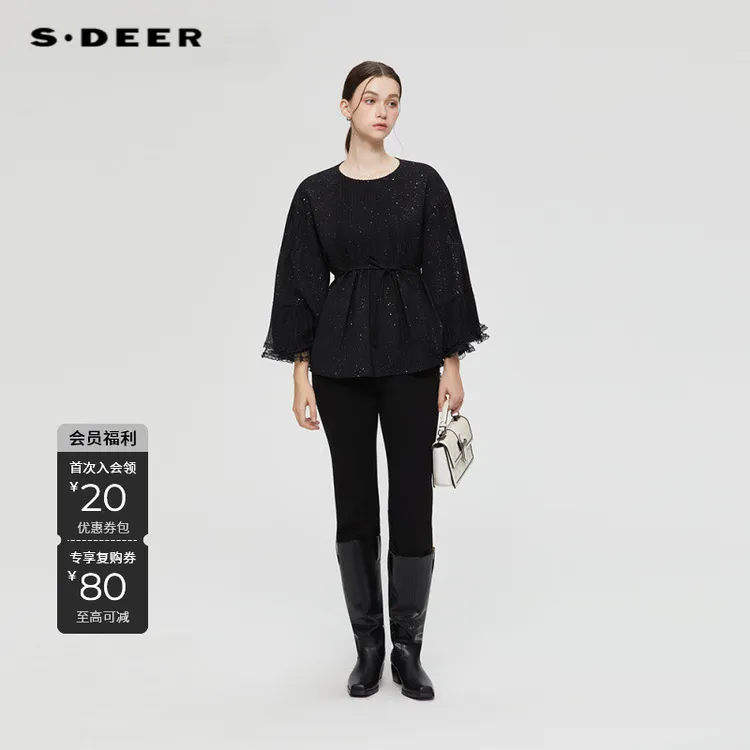 S·DEER圣迪奥秋季女装休闲长袖纯色圆领百搭短外套上衣S253Z2228