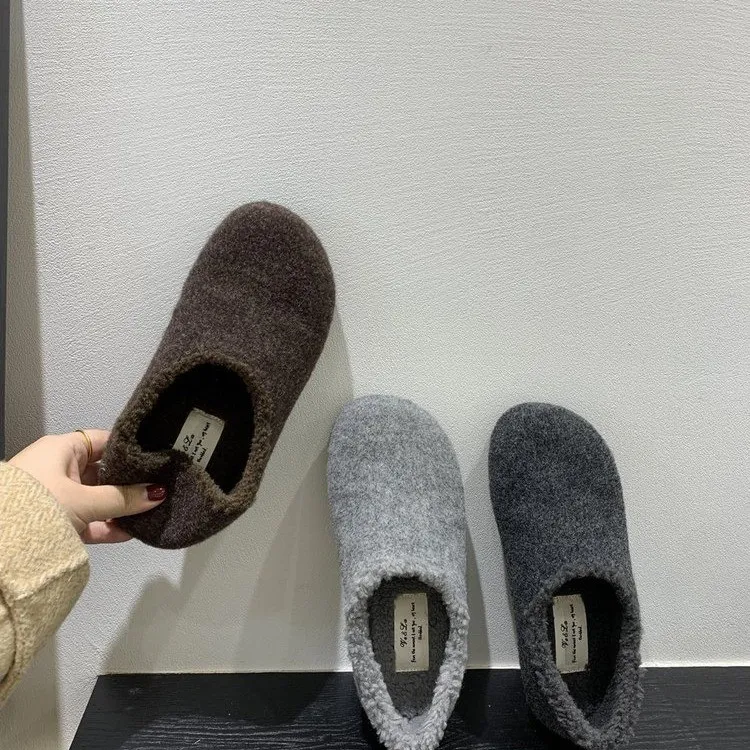 灰色毛毛鞋女冬外穿呢子单鞋一脚蹬平底勃肯鞋女加绒保暖豆豆棉鞋