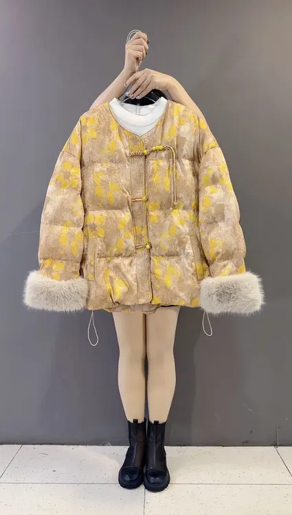 国风高品质可拆卸毛毛袖提花圆领加棉新中式上衣保暖外套