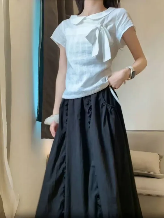 新款时尚百搭两件套夏季短袖微胖MM显瘦上衣加半身裙套装-25003