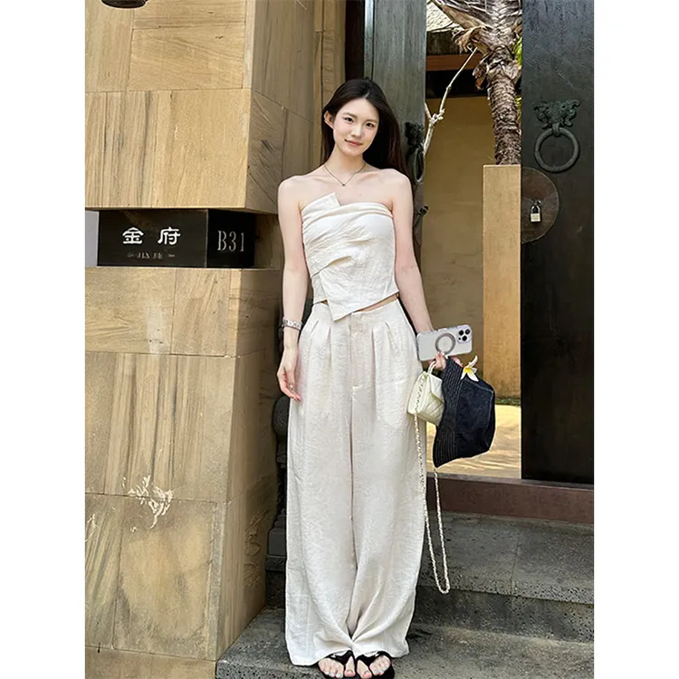 网红洋气炸街不规则抹胸阔腿裤套装女夏季轻奢财阀千金搭配一整套