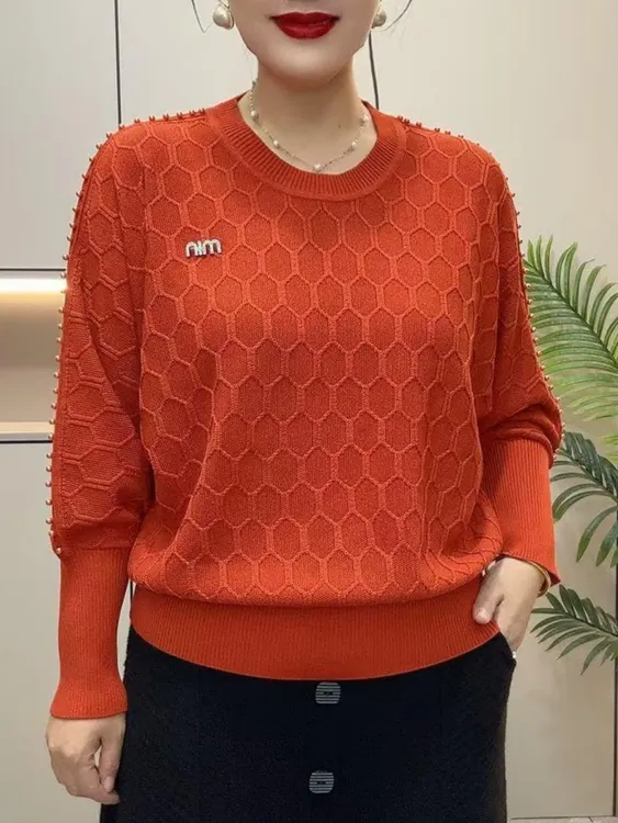 2025秋季新款时尚圆领长袖针织衫女宽松显瘦百搭洋气减龄打底上衣