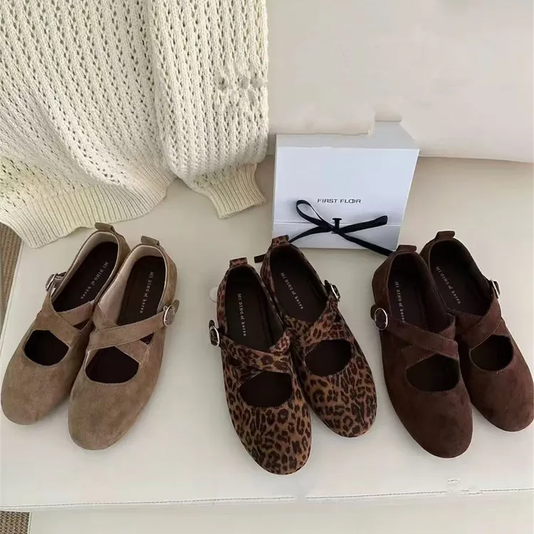 复古豹纹交叉芭蕾风玛丽珍鞋女2025秋季新款平底温柔晚晚风奶奶鞋