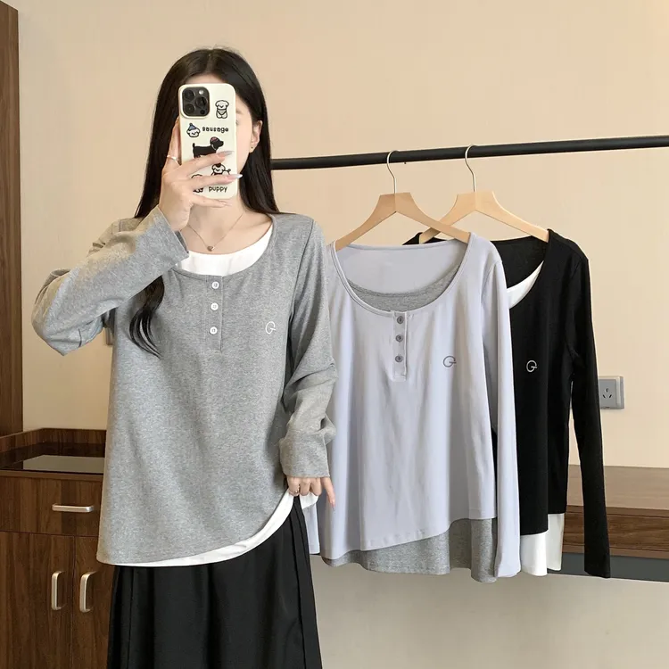 2025年大码女装春季新款撞色拼接假两件上衣3080