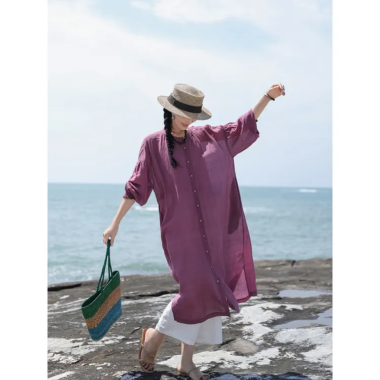 麻霖夏季新品原创设计女装苎麻莱赛尔混纺文艺休闲中长款衬衫开衫