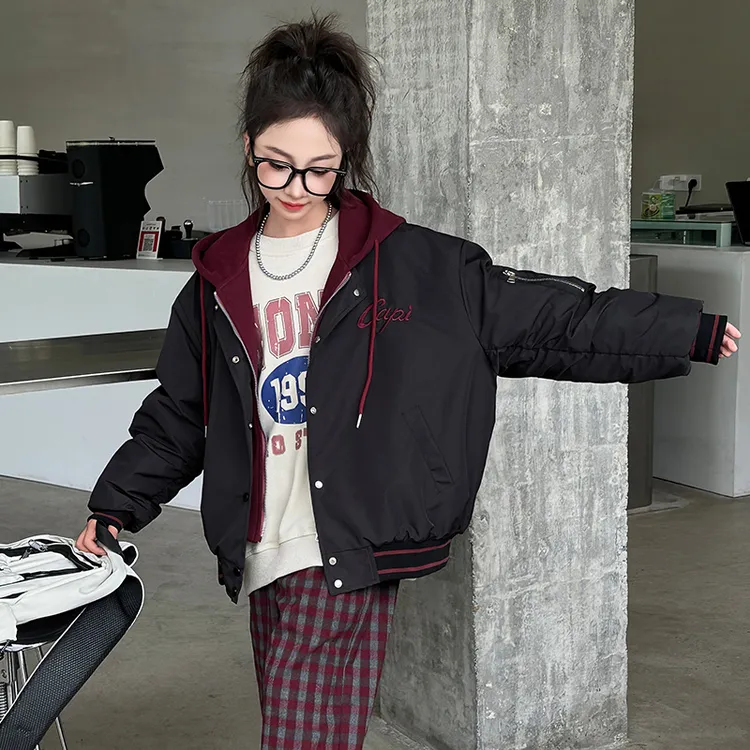 女童夹棉外套2025秋冬款刺绣假两件棒球服连帽二棉加厚棉服夹克潮