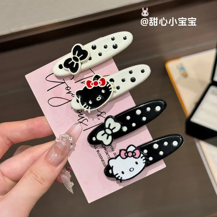 黑白波点KT猫咪蝴蝶结发夹甜妹学生可爱百搭边夹碎发刘海夹鸭嘴夹