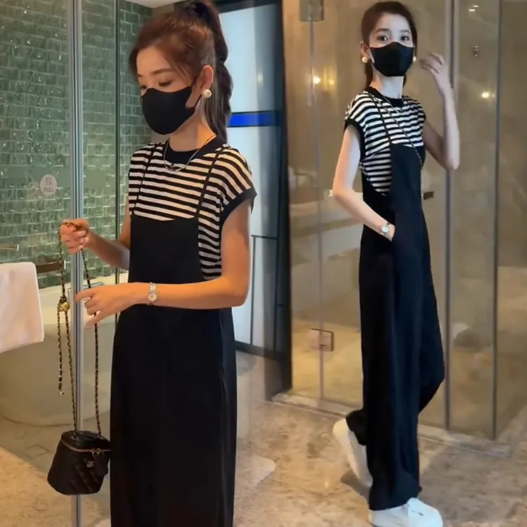 拉夏贝尔小个子减龄背带裤女2025夏装穿搭时尚条纹T恤套装两件套