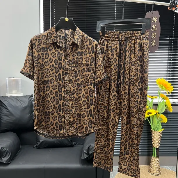 时尚宽松洋气豹纹短袖衬衫休闲裤夏季休闲套装男士