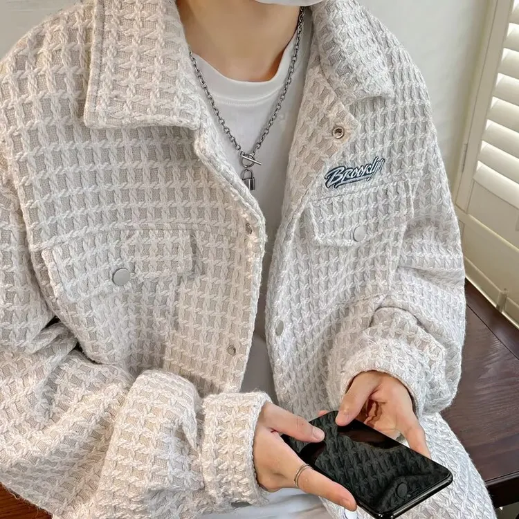 春季男本布下摆夹克千鸟格外套男秋冬上衣百搭韩版休闲小香风