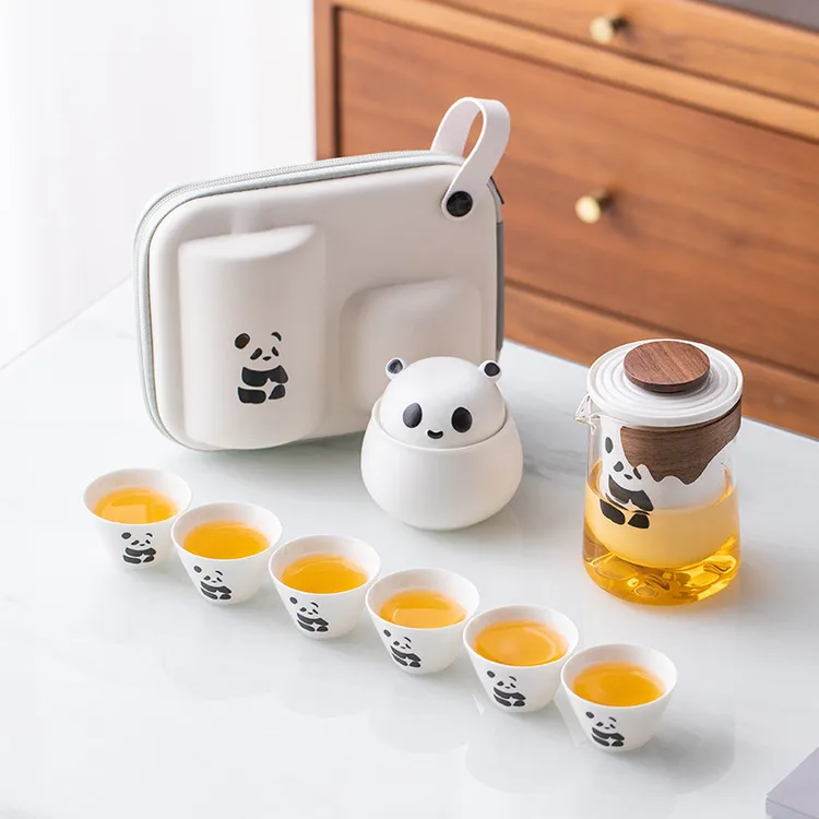 节日礼物熊猫茶具套装陶瓷便携式快客杯一壶三杯旅行露营茶壶茶杯