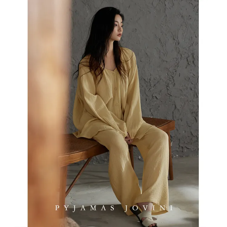 【禅意风】俏薇妮睡衣女春秋长袖带胸垫纯棉纱布婴儿棉家居服套装