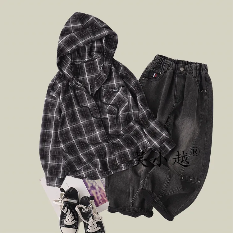 吴小越w1488男童衬衫长袖格子儿童上衣春秋款韩范中大童外套翻领