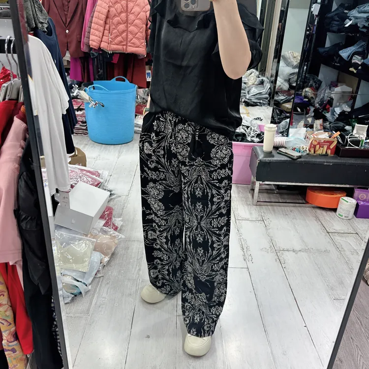 气质雪纺花花5色直筒松紧腰休闲裤9633欧