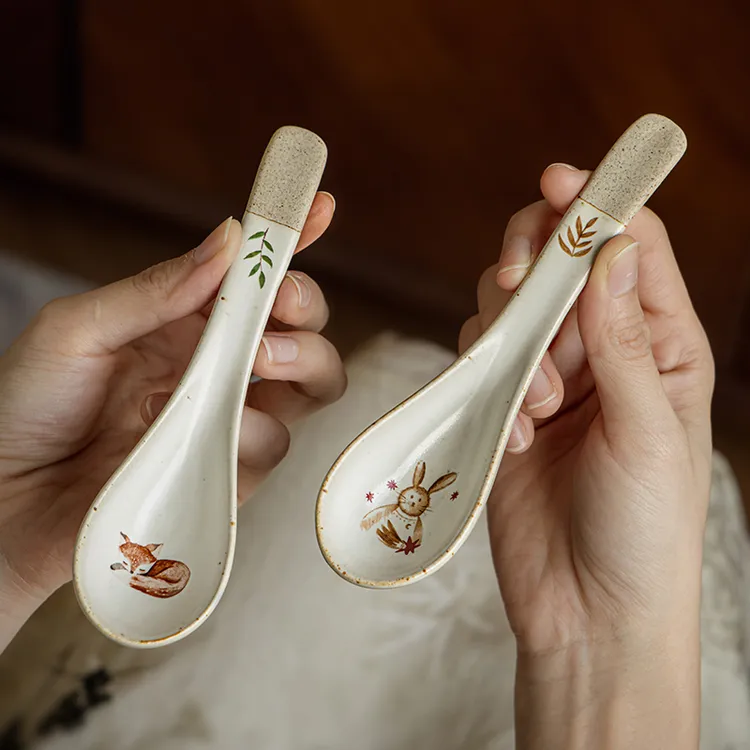 小悠家 好看的粗陶勺子复古陶瓷调羹精美创意甜品勺短柄小汤勺