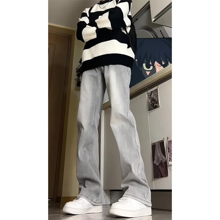 美式烟灰色弹力牛仔裤男款春夏季hiphop潮流直筒裤窄版显瘦微喇裤
