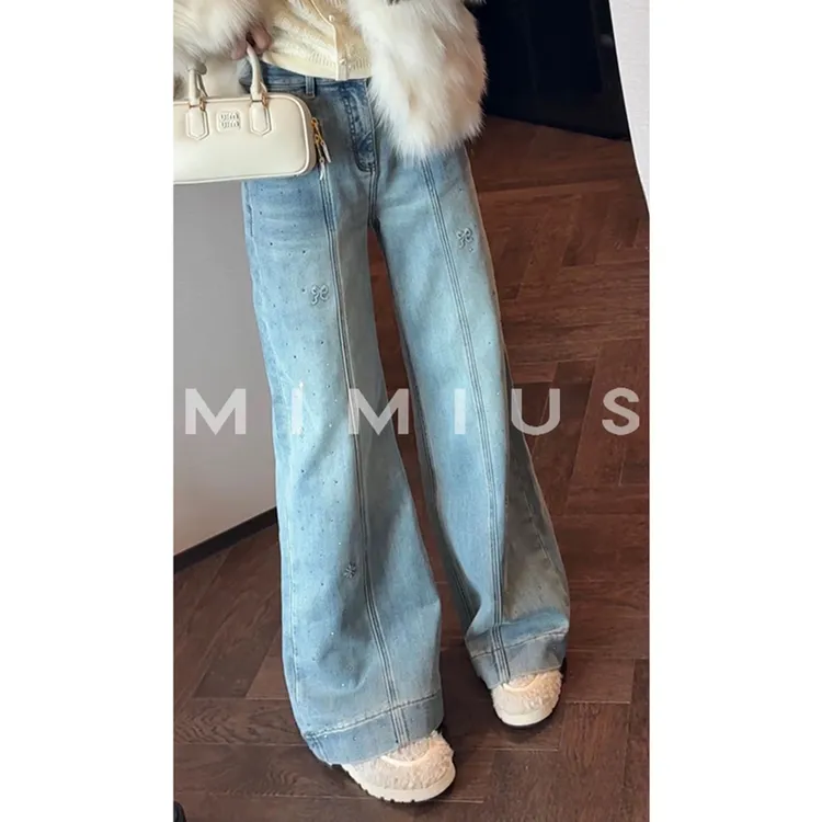 【mimius】P 加绒加厚立体印花明线分割高腰牛仔裤 WG10119