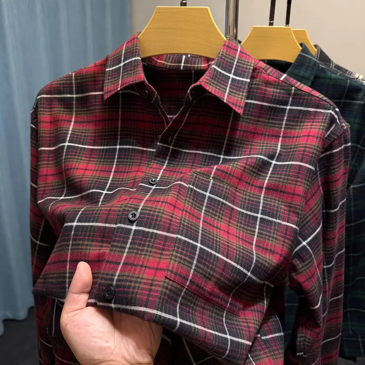 in cotton sea高品质纯棉格纹男士秋季开叉时尚复古百搭长袖衬衫