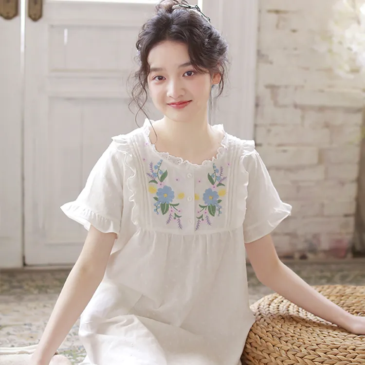 睡衣女款夏2025新款纯欲风短袖圆领睡裙甜美刺绣纯棉纱布家居服