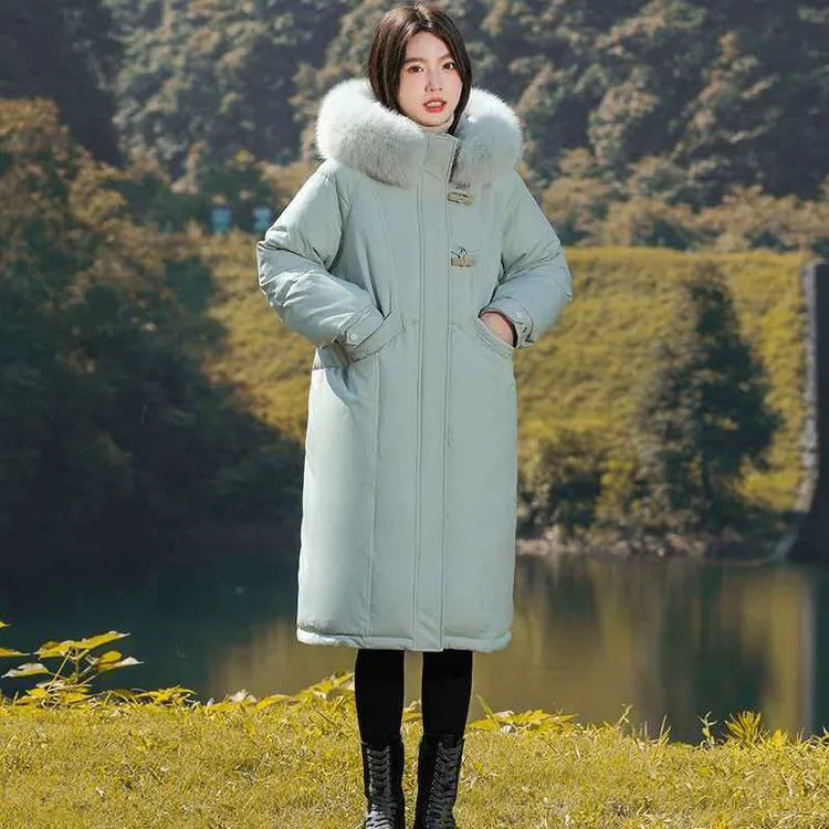 韩版宽松超厚中长款连帽保暖时尚过膝冬季加厚户外羽绒服大毛领