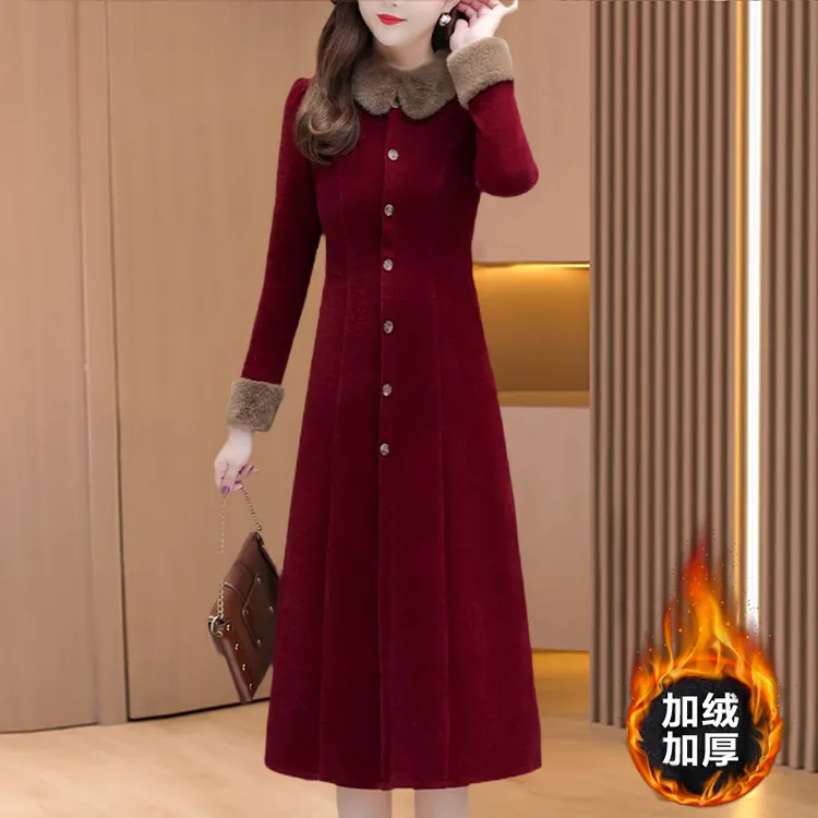 拉夏贝尔改良旗袍打底连衣裙2025新款女秋冬品牌气质妈妈加绒加厚