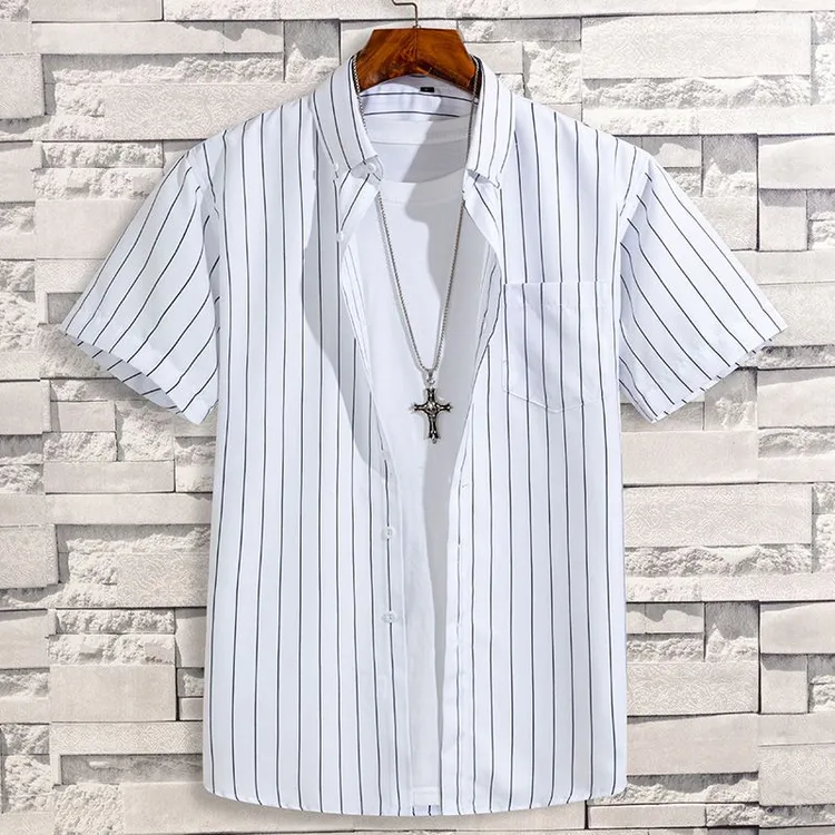 2025新款夏季条纹短袖真口袋薄款韩版修身发型师学生时尚潮流衬衫