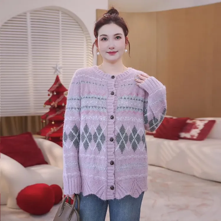 【14支仿长毛马海毛】MsShe大码女装费尔岛钉珠毛衣外套S~E2512041