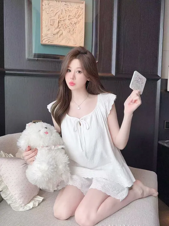 【绵绵】显瘦带胸垫纯欲甜美可外穿棉睡衣女夏季清纯法式公主风CC