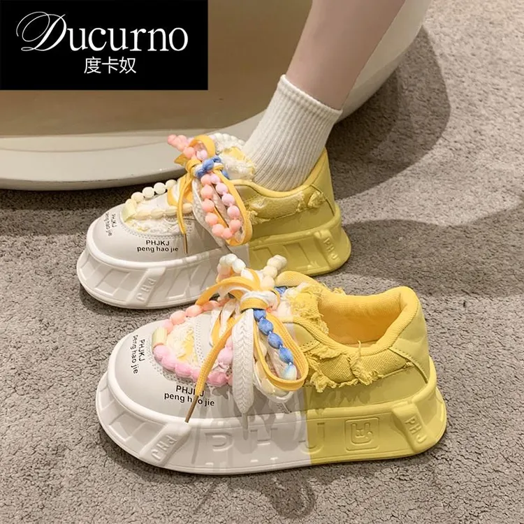 DUCURNO 板鞋女2025年新款秋冬时尚厚底小众设计感超火面包休闲鞋