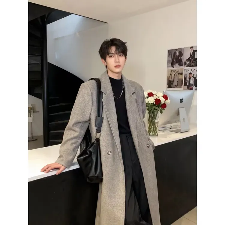 中长款垫肩毛呢大衣男秋冬季潮牌痞帅高级感加棉加厚过膝风衣外套