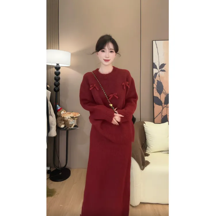 法式温柔风蝴蝶结毛衣女半身裙两件套女秋冬宽松套装显瘦#0089