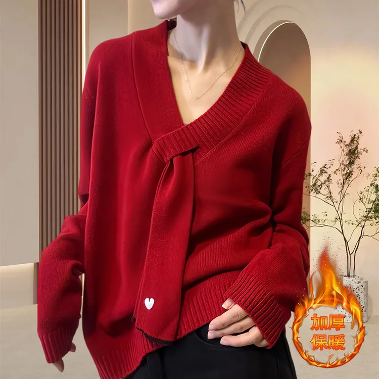 大码女装领红色针织衫甜美减龄上衣2026冬季长袖新年红色毛衣百搭