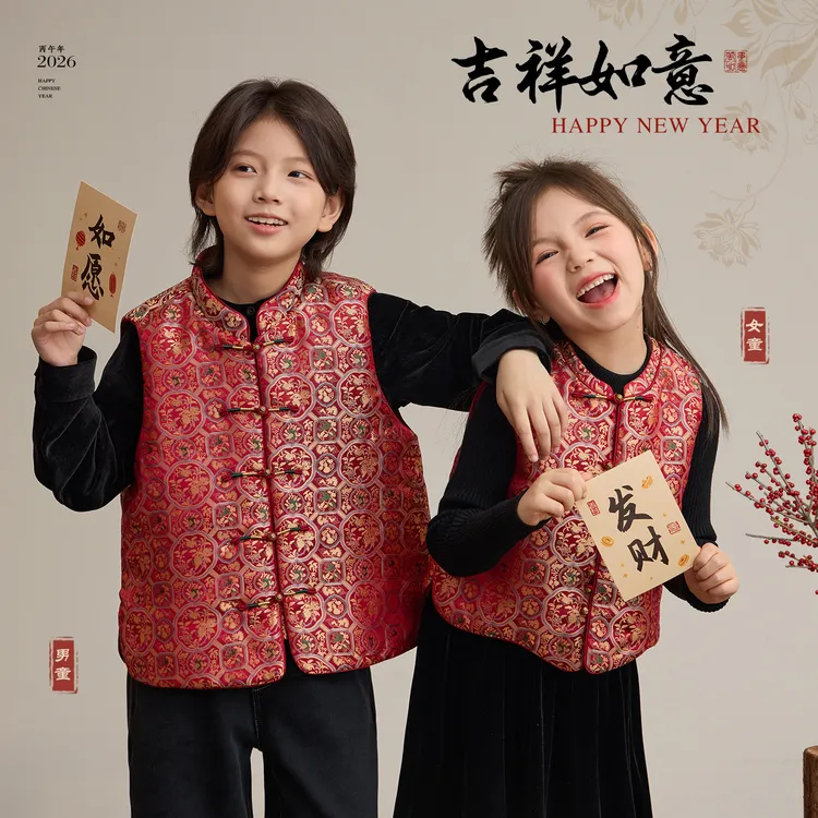 【福气满满】男女童改良新中式提花夹棉马甲新年外套汉服9332D