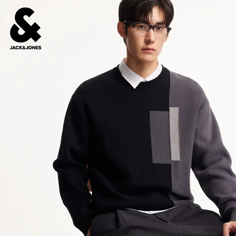 杰克琼斯男装春季毛衣宽松休闲针织圆领领型时尚衣身个性撞色拼接