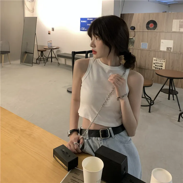 美式小圆领显瘦露脐短款外穿背心夏季2025新款辣妹吊带上衣设计感