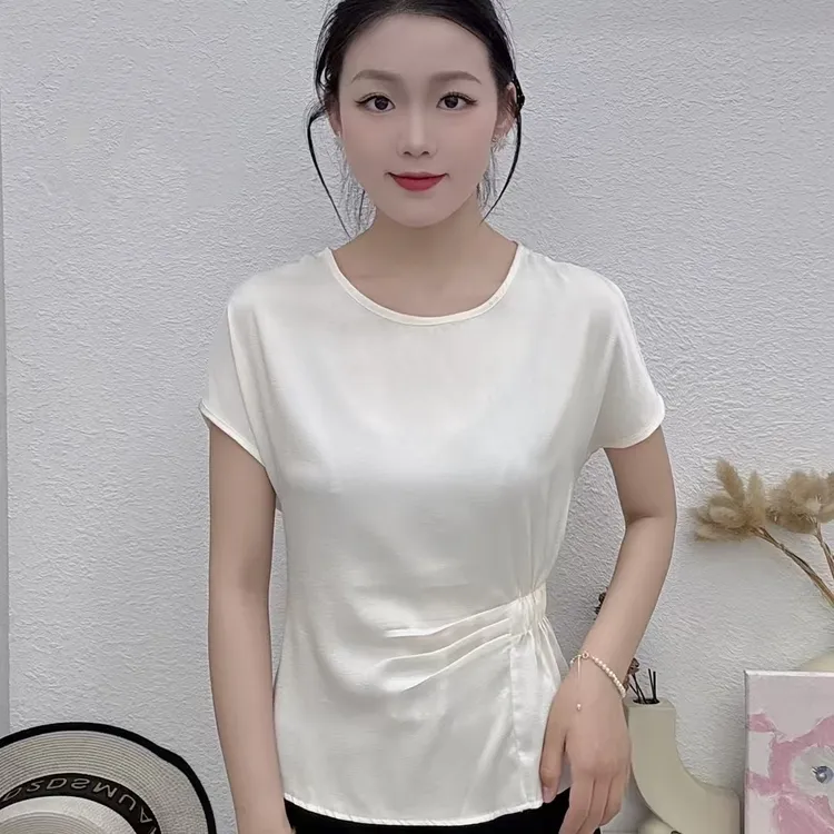 夏季新品女装时尚显瘦遮肉气质减龄圆领印短袖袖抽褶百搭打底衫