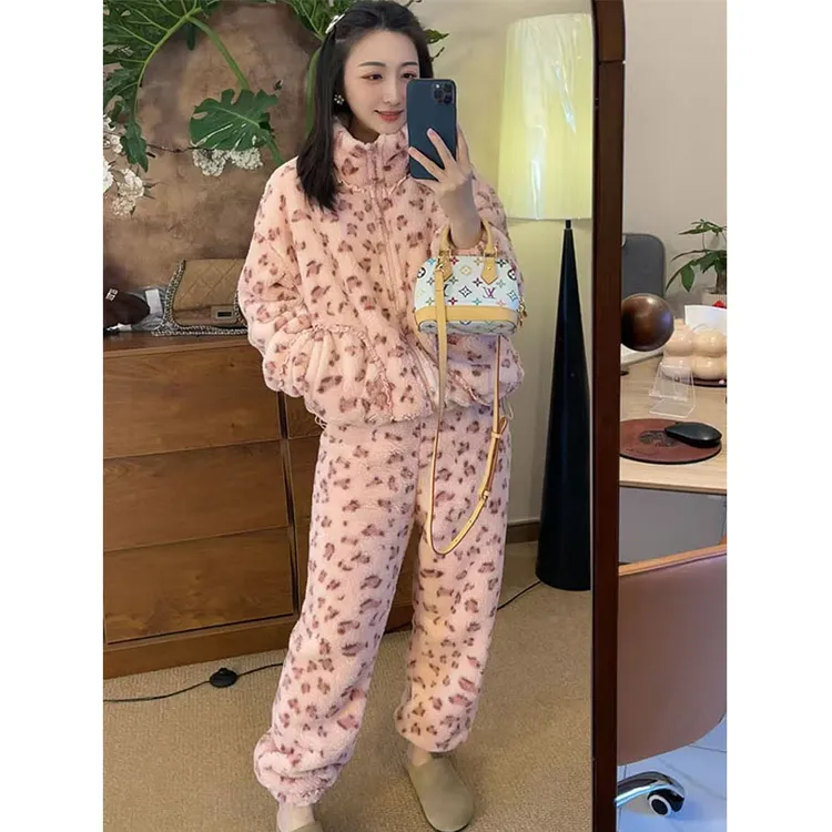 甜美可爱立领粉豹纹花边加厚保暖睡衣套装女2025秋冬款两件套套装