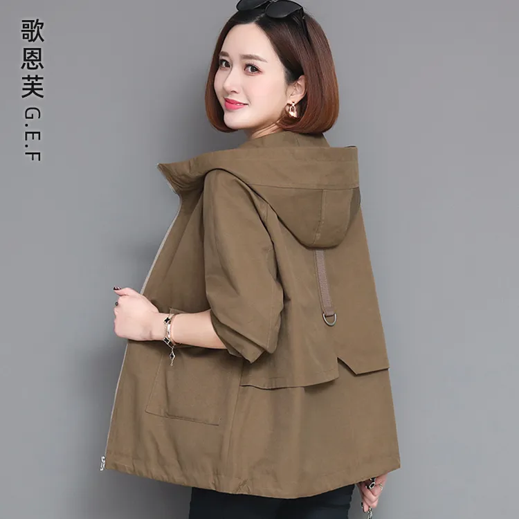 休闲连帽外套女春秋2025新款小个子洋气宽松显瘦妈妈短款开春风衣
